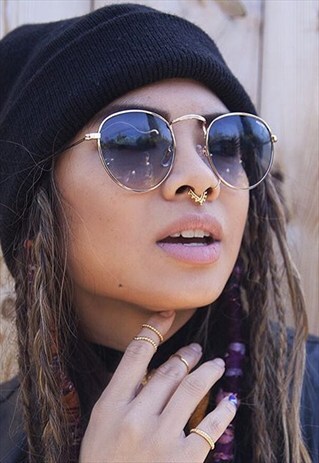 ADDISON BLUE LENS GOLD METAL ROUND SUNGLASSES