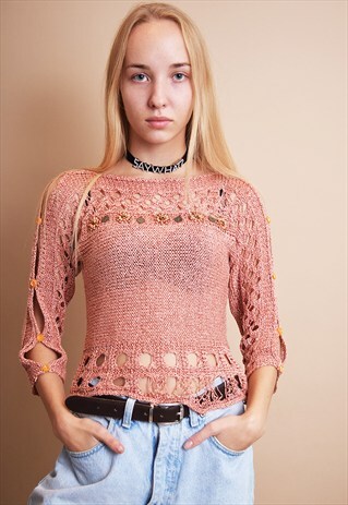 90'S RETRO HIPPIE BOHO STYLE CROCHET SHEER BLOUSE TOP