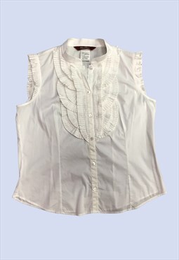 White Shirt Cotton Pleated Ruffle Sleevless