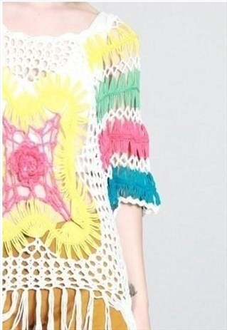 VINTAGE 1970'S STYLE MULTI COLOURED FRINGED CROCHET BOHO TOP
