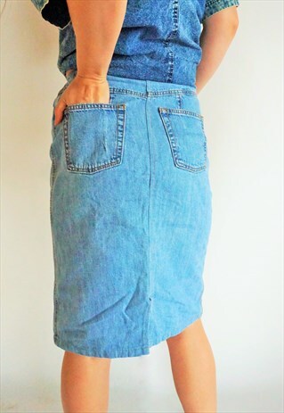 VINTAGE DENIM JEAN HIGH WAIST MIDI SKIRTS IN BLUE