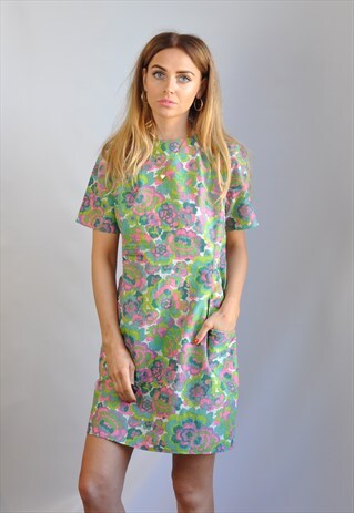 VINTAGE 1960S GREEN & PINK FLORAL MINI DRESS