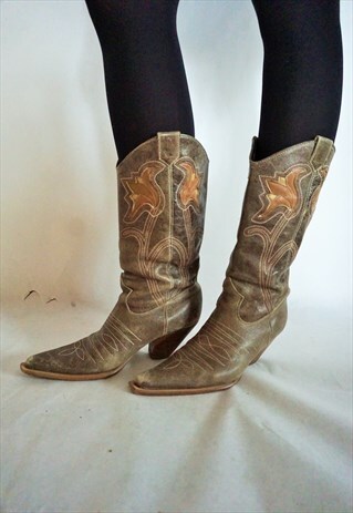 VINTAGE BROWN GENUINE LEATHER COWBOY WESTERN BOOTS SHOES