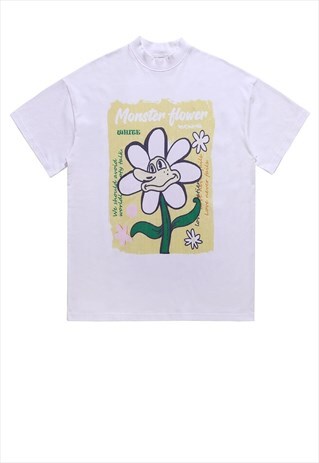 FLORAL T-SHIRT VINTAGE POSTER PRINT TEE 70S HIPPIE TOP WHITE