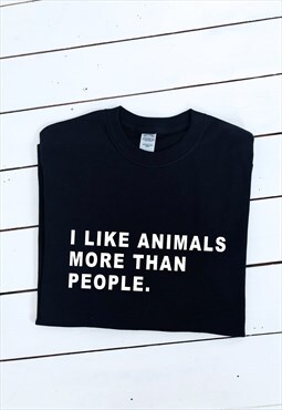 I LIKE ANIMALS MORE THAN PEOPLE slogan print black T-shirt