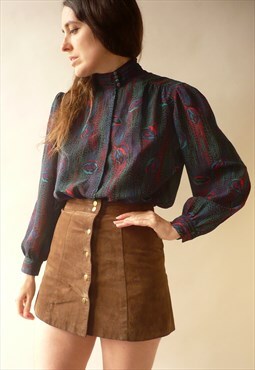 1980's Vintage Puff Sleeve Leaf Printed Shirt Blouse