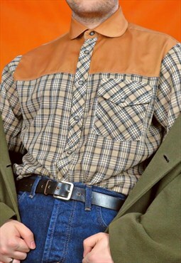 70s Vintage Peter Pan Blouse Flannel Plaid Check Shirt Tan