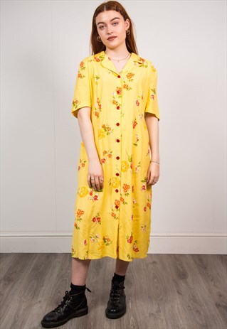 VINTAGE 90'S YELLOW FLORAL MIDI DRESS