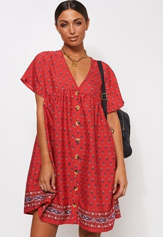 GENOVA RED BUTTON DOWN SMOCK DRESS