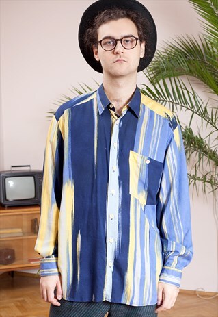 VINTAGE 90S ABSTRACT PRINT MEN'S COLLAR, LONG SLEEVE SHIRT