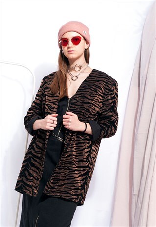 VINTAGE TIGER PATTERN BLAZER 80S VELVET BRONZE JACKET