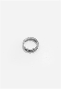 54 Floral 3mm Crystal Iced Band Signet Ring - Silver