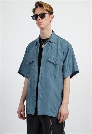 VINTAGE BLUE SHORT SLEEVE SILK SHIRT
