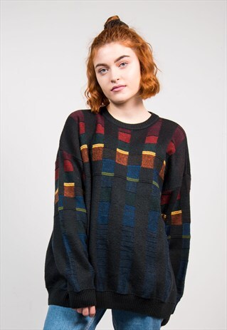 VINTAGE 90'S GREY RAINBOW CHECK GRUNGE OVERSIZE JUMPER