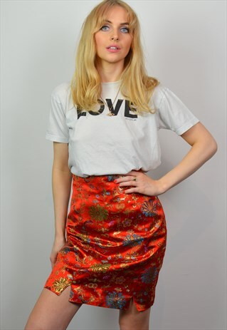 VINTAGE 90S RED & GOLD SATIN FITTED HIGH WAISTED SKIRT