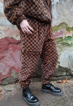 Check fleece joggers detachable handmade chess overalls