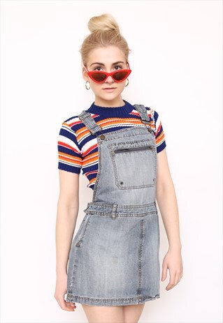 VINTAGE 90S BLUE DENIM DUNGAREE MINI DRESS