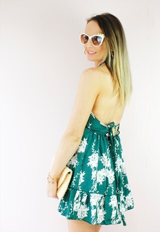 GREEN FLORAL PRINT PLUNGE BACKLESS HALTERNECK FRILL DRESS