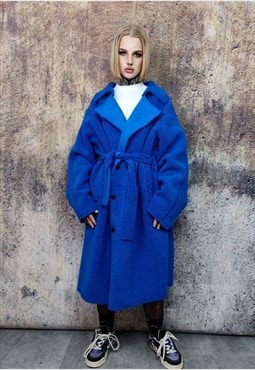 Fleece trench jacket fluffy coat in bright blue
