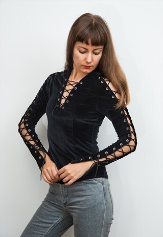 LACE-UP SLEEVES SEXY BLACK VELVET TOP