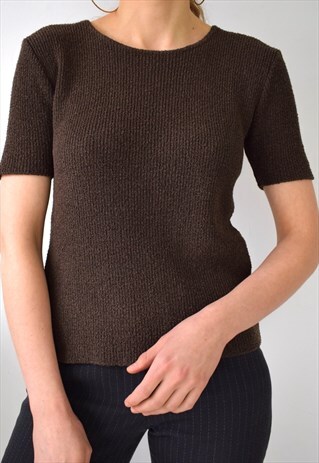VINTAGE 90S BROWN KNIT RIBBED T SHIRT TOP