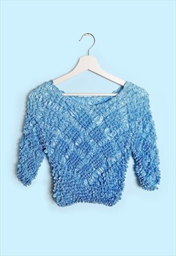 Y2K 2000s Blue Popcorn Texture Top Stretch Blouse 3/4 sleeve
