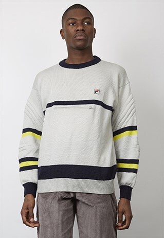 VINTAGE 80'S FILA PALE GREY/ BLUE PADDED KNIT JUMPER