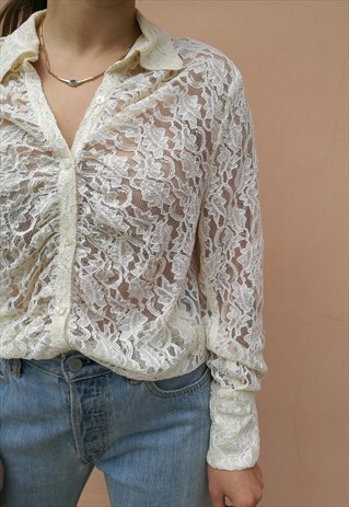 90S ROMANTIC LACE BUTTON UP SHIRT IN CREAM WHITE