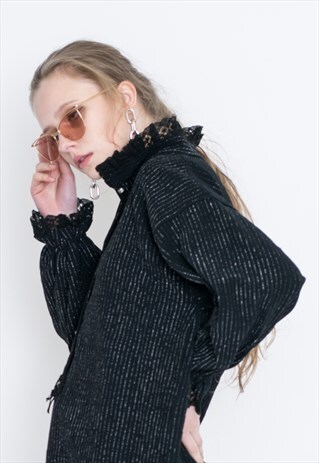 VINTAGE BLACK STRIPED SHINY RETRO BLOUSE