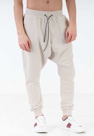 EXTREME DROP CROTCH JOGGERS IN CREAM WITH LEATHER DRAWSTRING