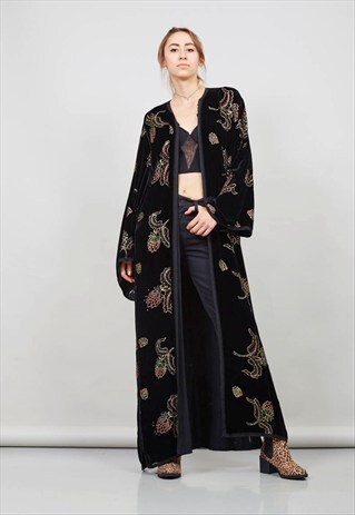 VINTAGE VELVET MAXI FLORAL GOLD DETAILED OPEN FRONT COAT