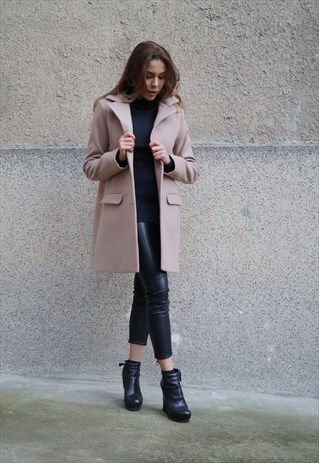 BEIGE COAT LONG COLLAR COAT CASHMERE WOOL COAT F1092