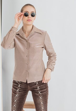 VINTAGE ARROW COLLAR FITTED BLOUSE WITH LONG SLEEVE IN BROWN