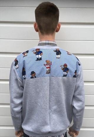 MENS 90S GREY POLO BEAR STYLE REWORKED SWEATSHIRT JUMPER