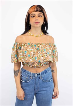 Reworked Vintage Brown Floaty Off The Shoulder Top, Size S