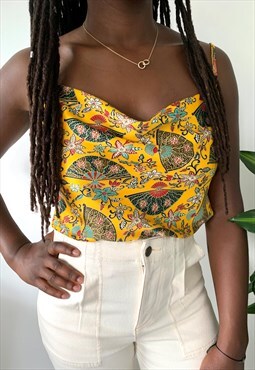 Yellow Satin Cowl Neck Top Fan Print