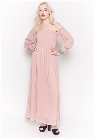 OFF SHOULDER CHIFFON MAXI DRESS WITH LONG SLEEVES IN PINK