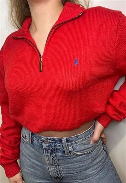 Up-cycled Ralph Lauren Red Cropped Jumper 3/4 Zip Vintage