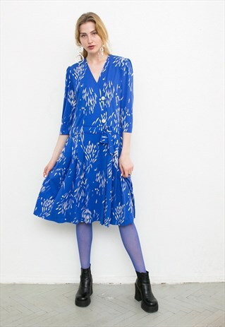 VINTAGE BLUE PATTERN 80S MIDI DRESS