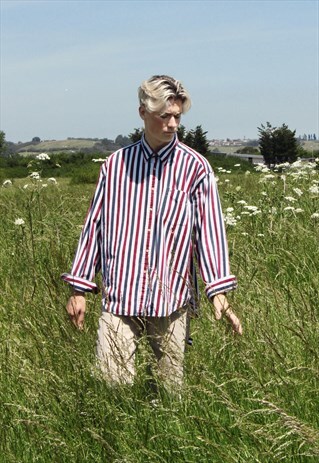 TOMMY HILFIGER BLUE, RED AND WHITE STRIPE CORDUROY SHIRT