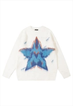 Fluffy sweater star print fluffy knitwear gilet jumper white