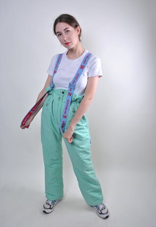 VINTAGE GREEN WOMAN SKI SUIT, 80S SUSPENDERS SNOW SUIT