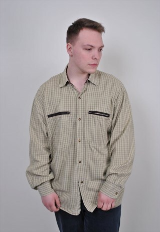 80S BOHO PLAID SHIRT, VINTAGE MENS HERITAGE CHECK BUTTON UP