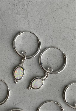 Opal Earrings sterling silver huggies Gift Idea for her