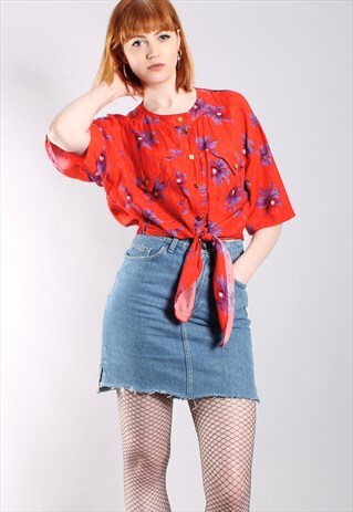 VINTAGE 80S FLORAL OVERSIZE WESTERN TIE UP SHIRT CROP TOP