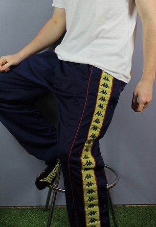 VINTAGE KAPPA POPPER JOGGERS IN NAVY BLUE WITH LOGO TAPING D