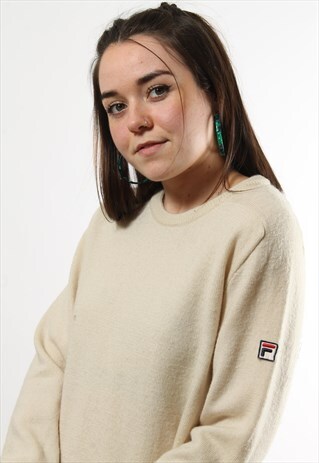 VINTAGE FILA KNITTED JUMPER IN CREAM WITH SLEEVE BADGE LOGO