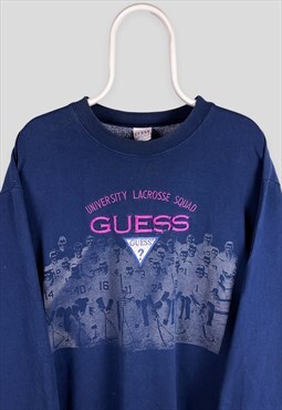 Vintage Guess Blue Sweatshirt Spell Out Embroidered Medium