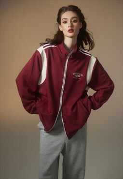 Colour block track jacket retro sport bomber jacket in red
