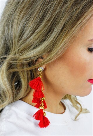 RED TASSEL FRINGE RHINESTONE CHANDELIER DROP EARRINGS